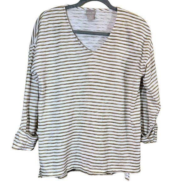 Chico’s Gold Sparkle Striped V-Neck Top Size XS - Picture 2 of 8